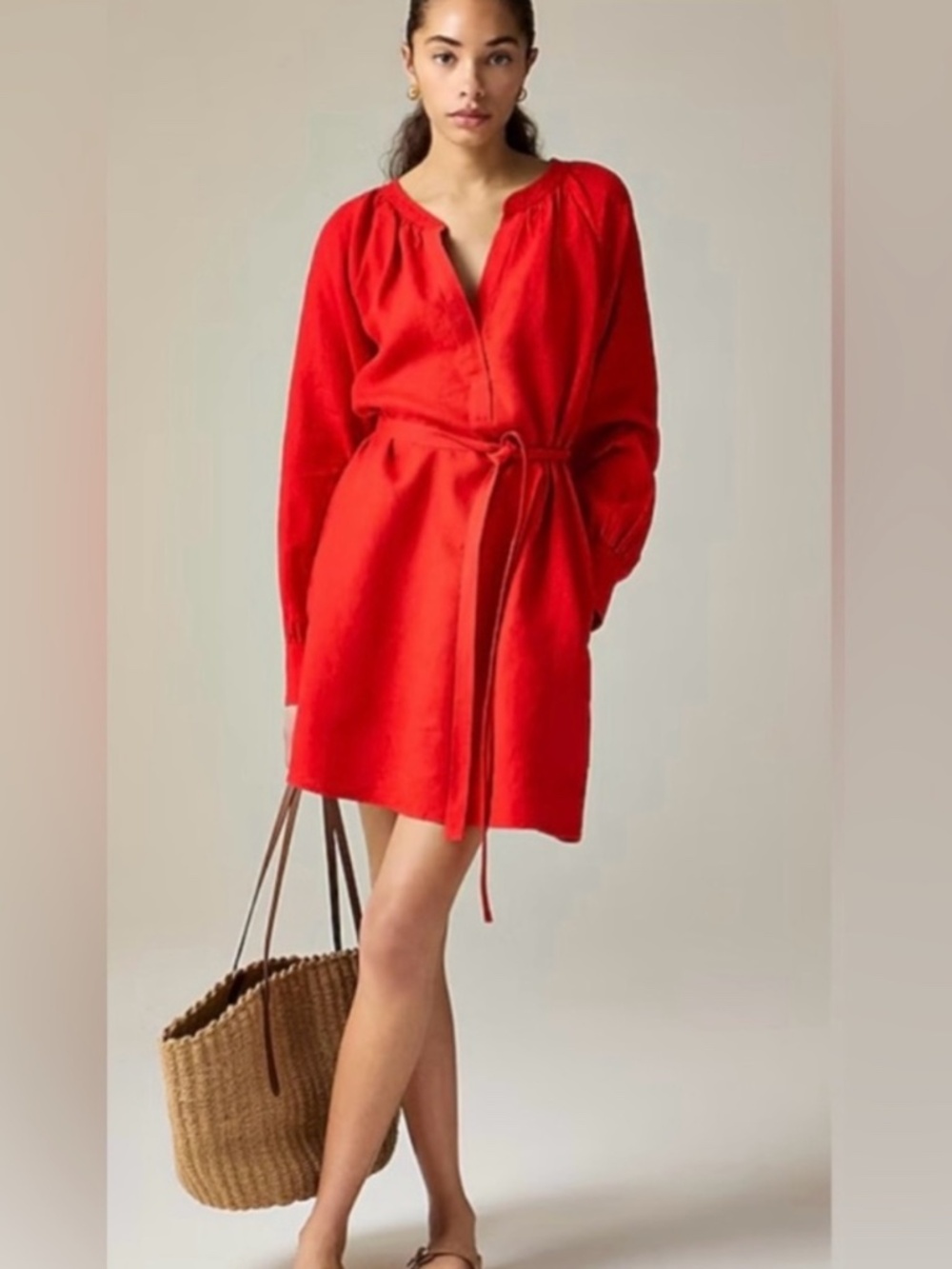 J. Crew Cabana Red Linen Mini Dress with Belt Size XS